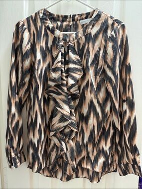 New York & Company Black and Beige Ruffled Printed Blouse